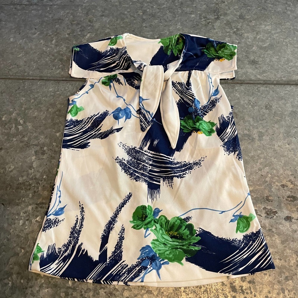 Vintage 70s Retro Floral Tie S/S Top Blouse Shirt White Blue Green Womens Small